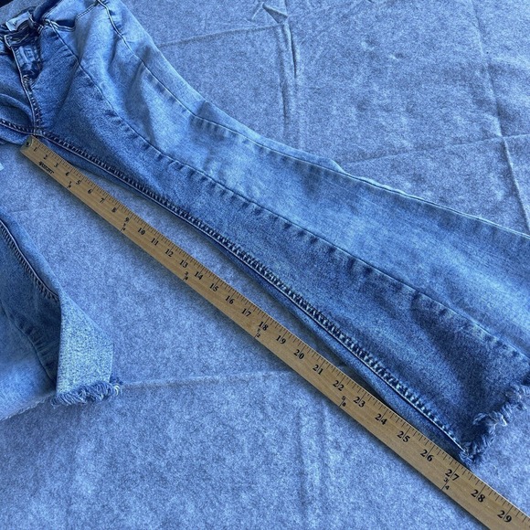 Bamboo Jeans Junior Size 3 Blue Patchwork Flare Raw Hem Front Seam Y2K Boho - Picture 9 of 10